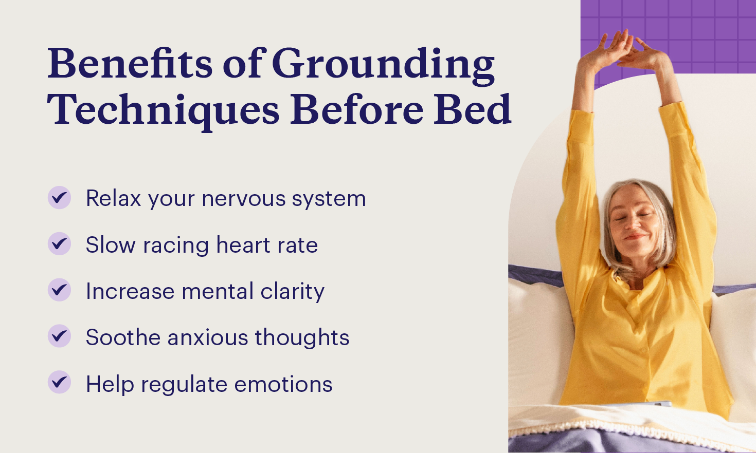 A list of five benefits of grounding techniques for falling asleep.