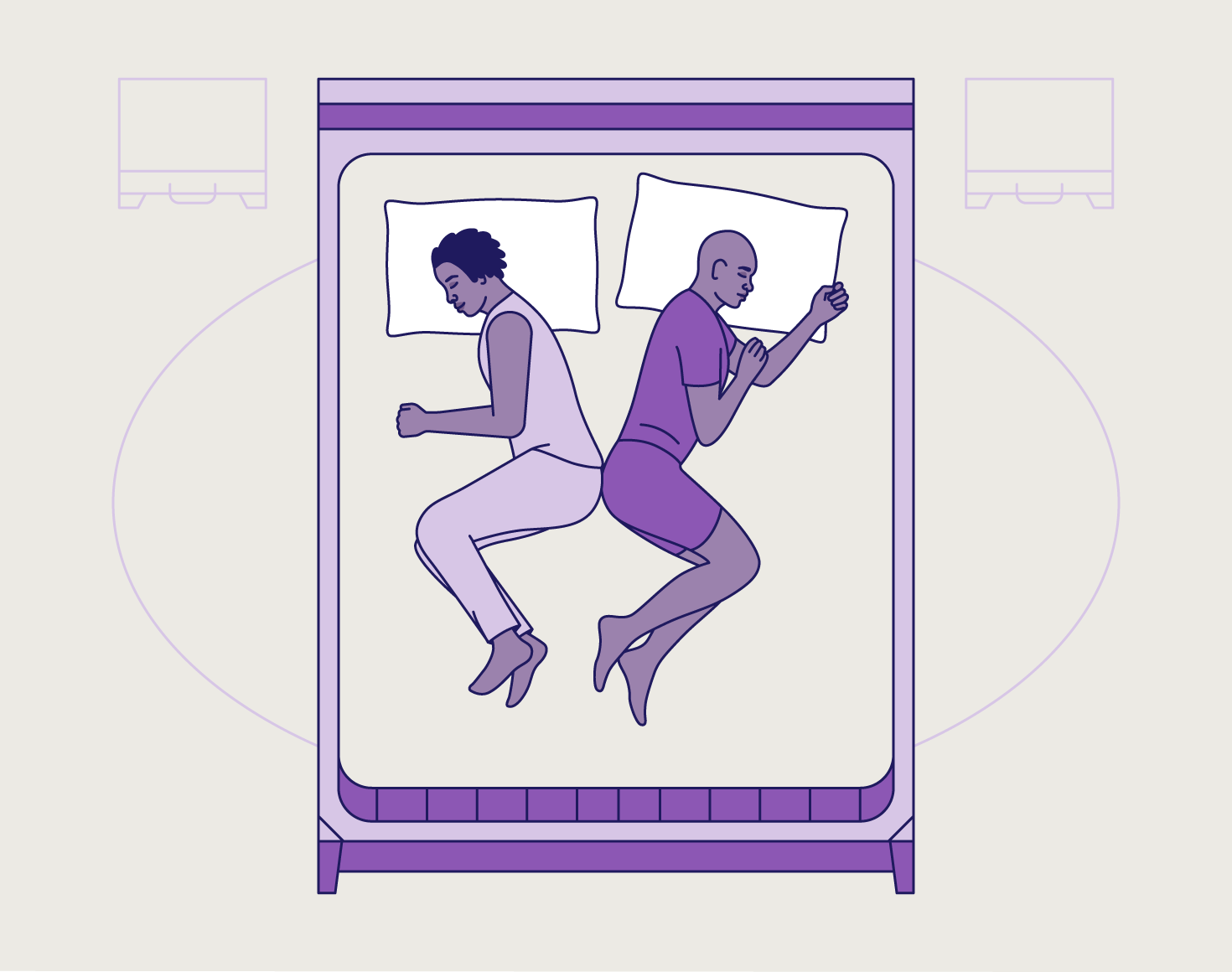 A feminine and masculine figure sleeping butt-to-butt.