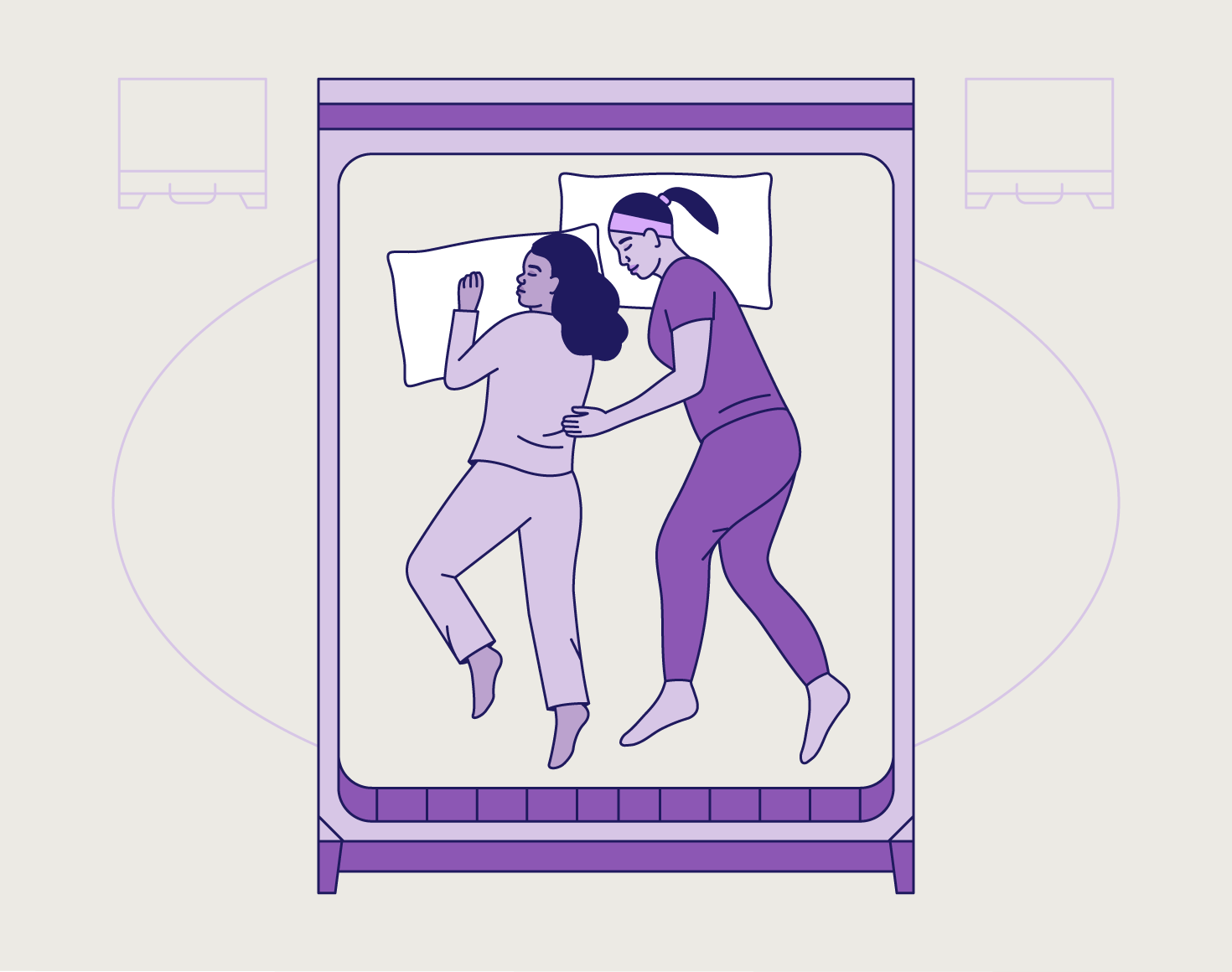 Two feminine figures in a chasing spoon sleep position.