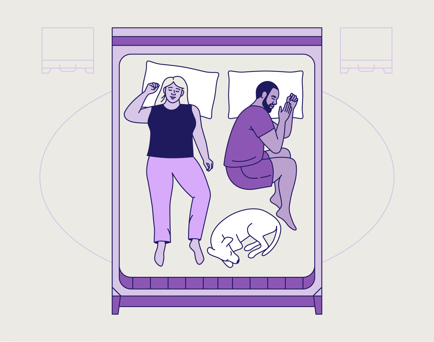 A feminine and masculine figure sleeping with a dog at the foot of their bed.