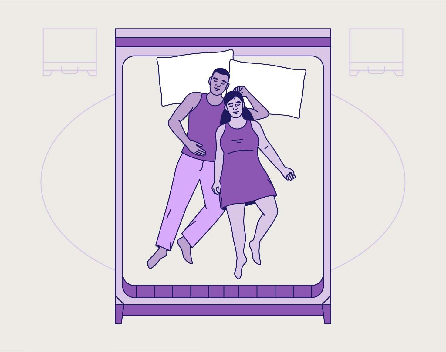 A feminine figure sleeping with their head on the shoulder of a masculine figure.