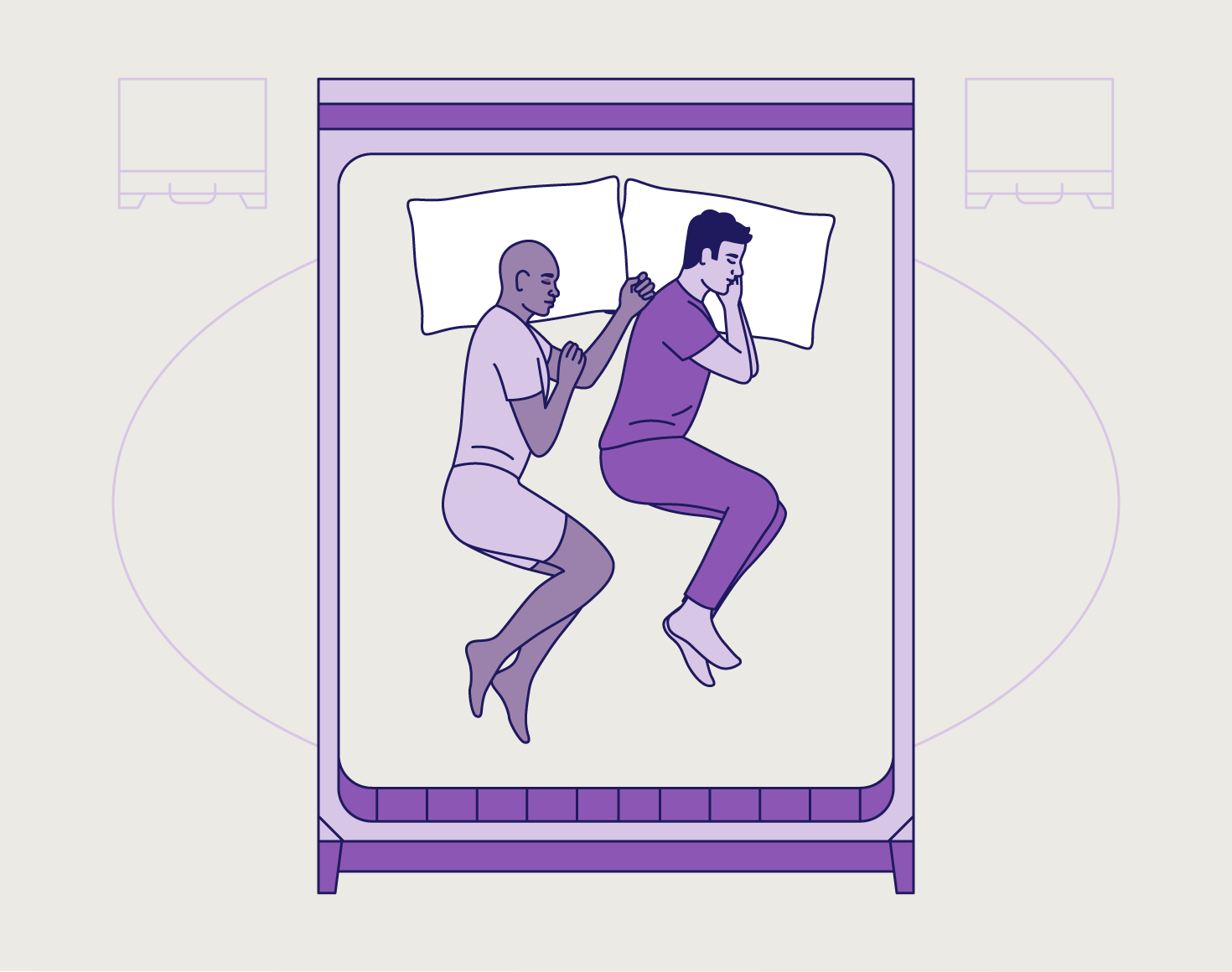 Two masculine figures sleeping in a loose spoon position.