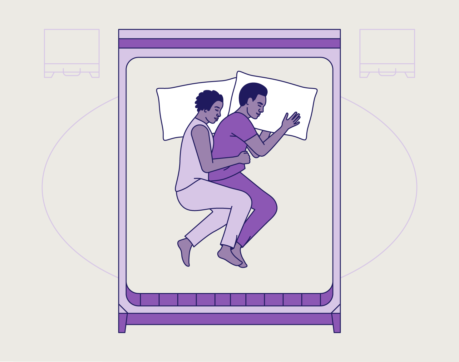 A feminine figure spooning a masculine figure in their sleep.