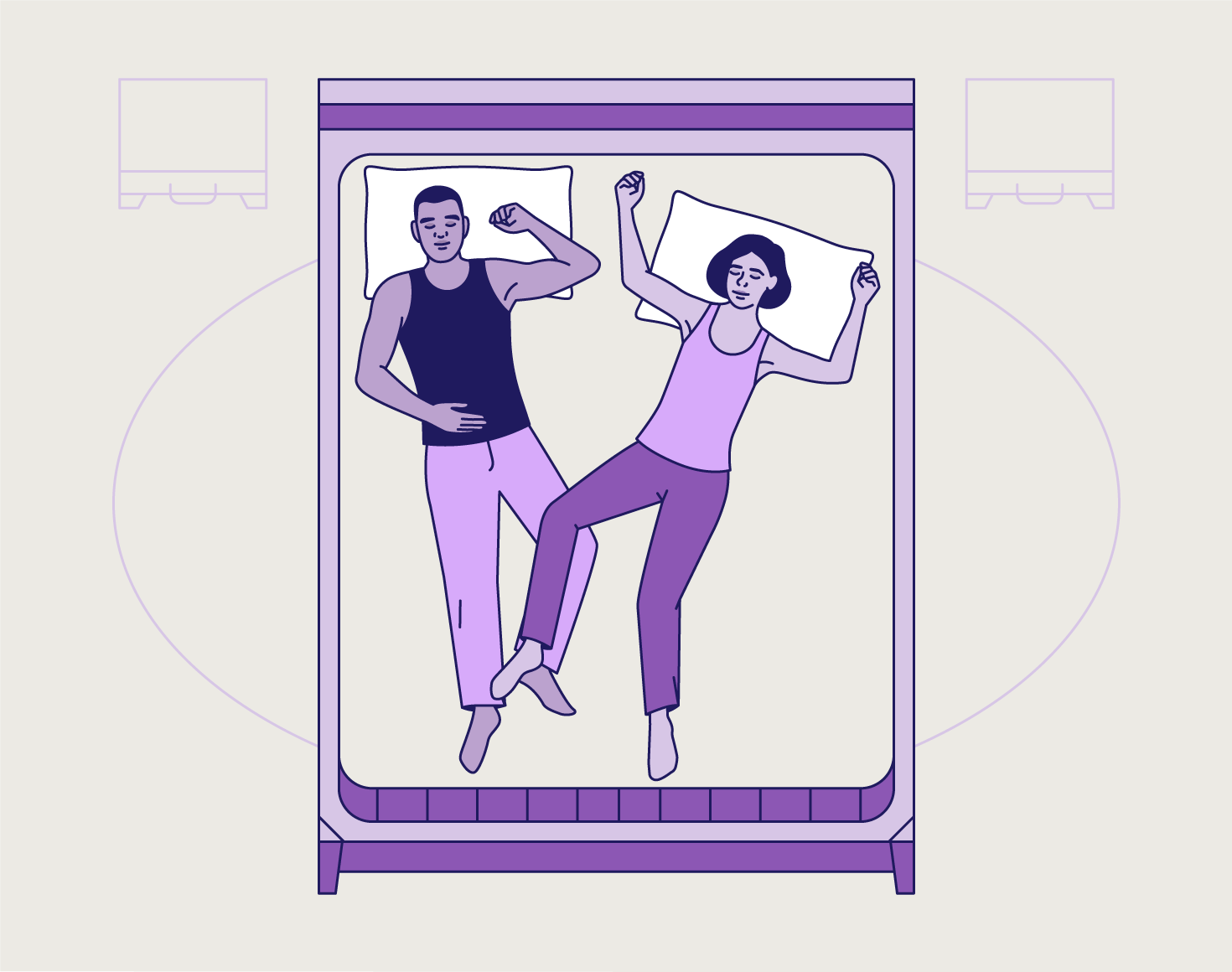 A masculine and feminine figure with their legs intertwined in their sleep.