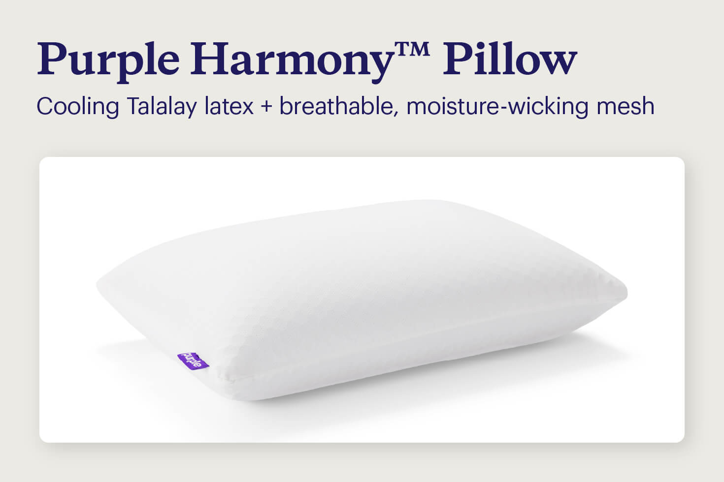 A picture of a Purple Harmony™ Pillow describing its cooling, breathable features.