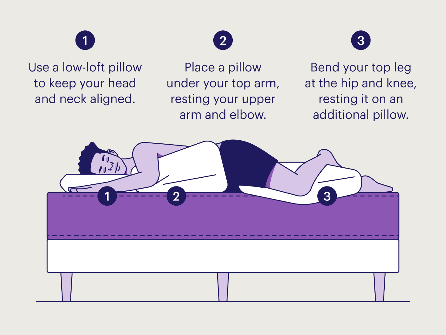 An illustration of a half-stomach sleep position with tips to maintain proper spinal alignment and comfort.