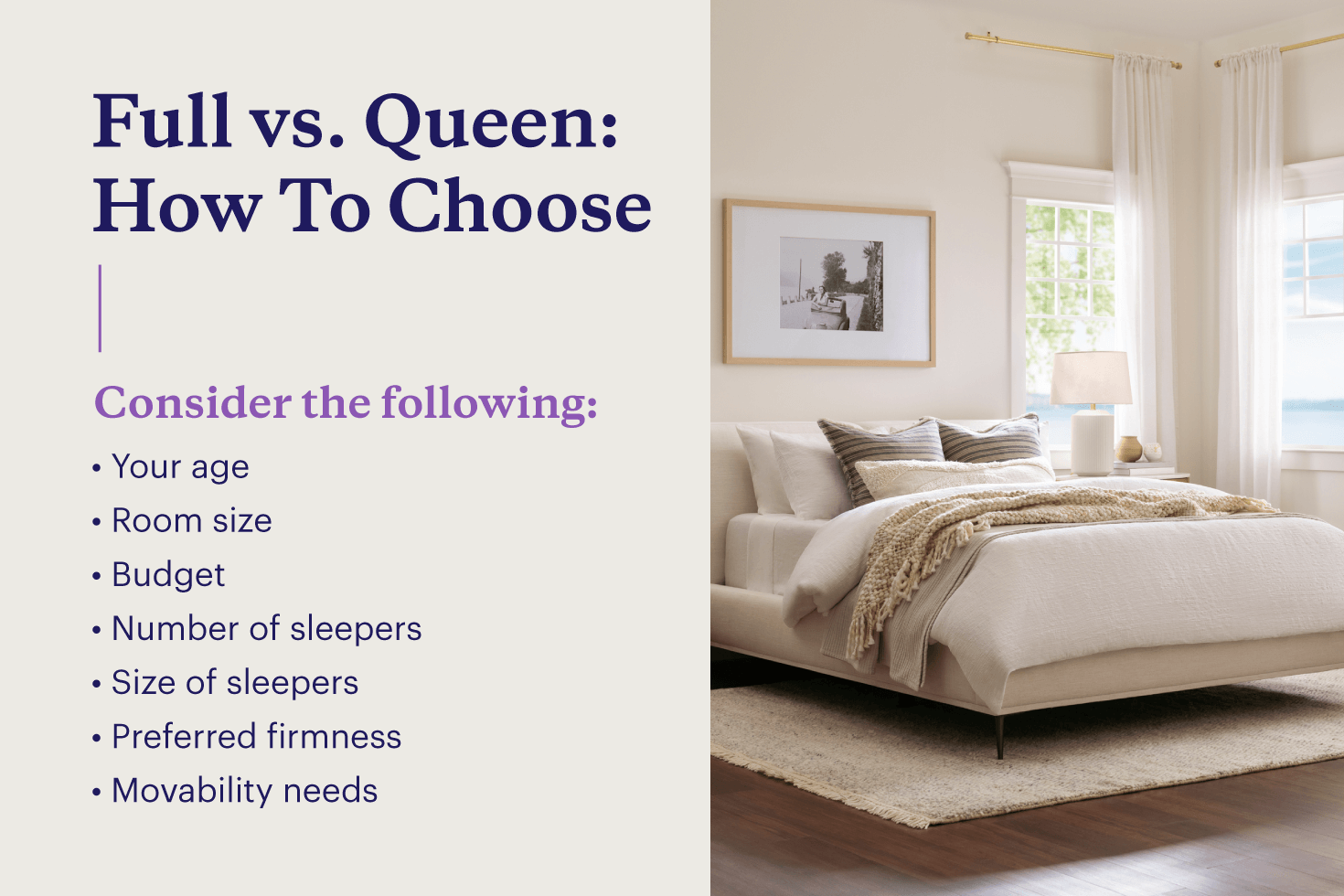 Top considerations when deciding between full and queen size beds.