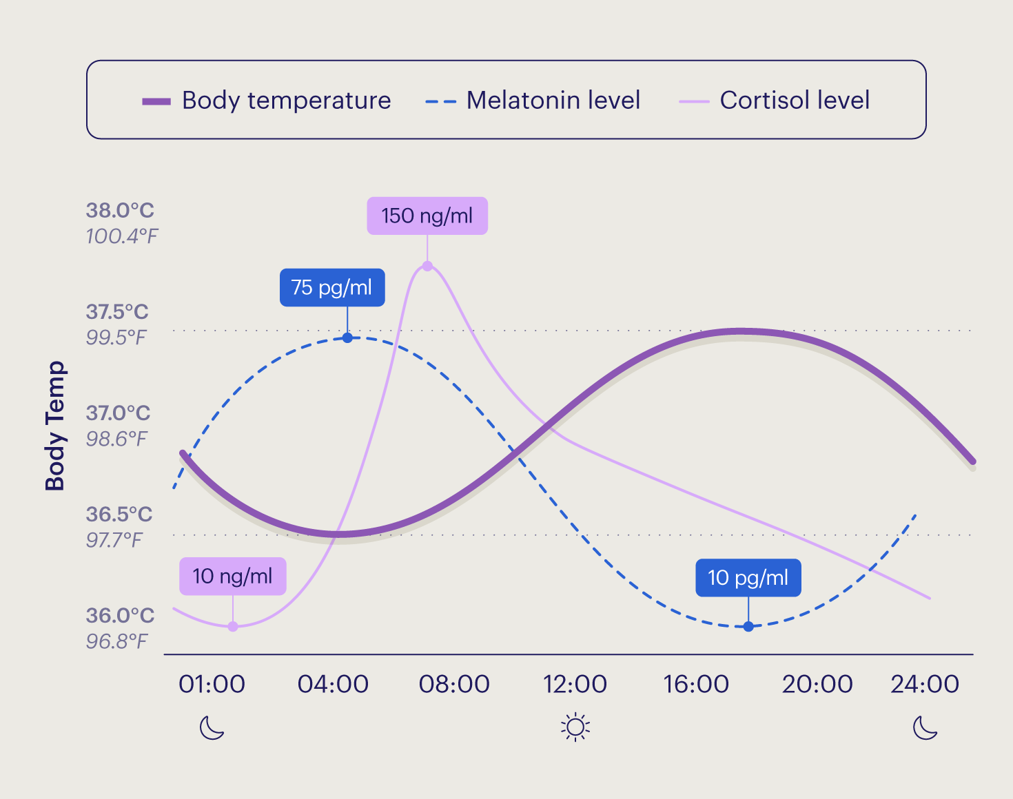 A graph depicting the rise and fall of body temperature throughout the day as it relates to light exposure and the production of