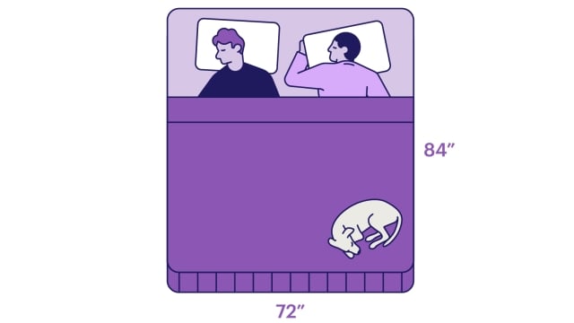 Illustration of a dog and couple sleeping in a California king size bed with  measurements 72-by-84 inches.