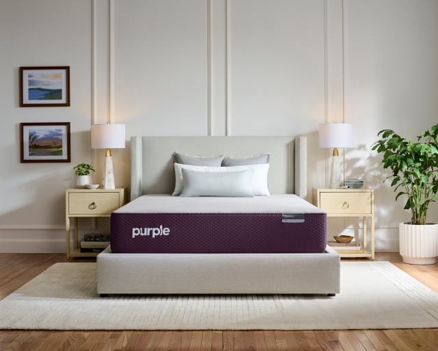 A Purple RestorePlus Hybrid Mattress in a contemporary bedroom.
