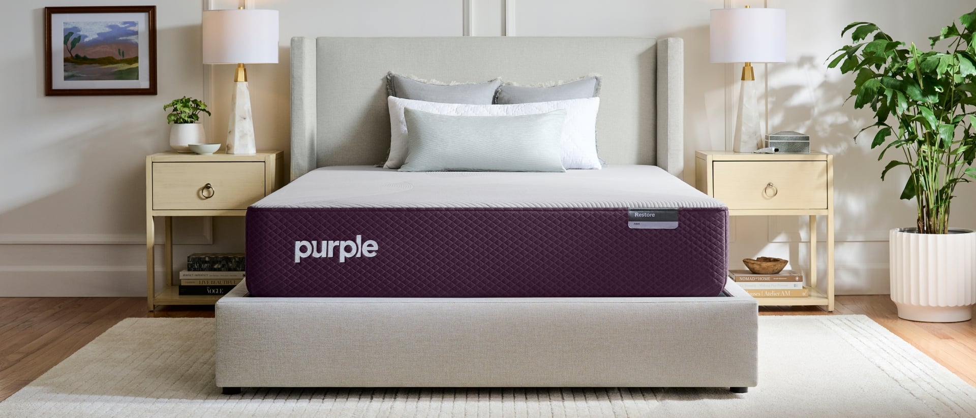 A Purple RestorePlus Hybrid Mattress in a contemporary bedroom.