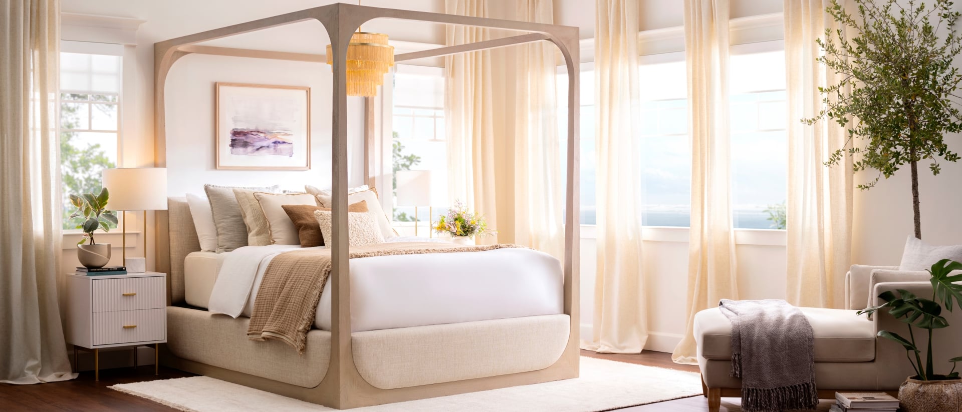 A Purple RestorePremier hybrid mattress in a modern bedroom.