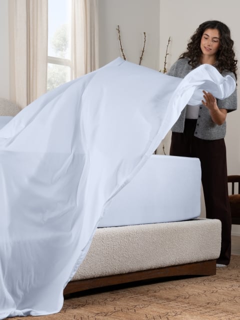 SS sheets morning mist talent making bed